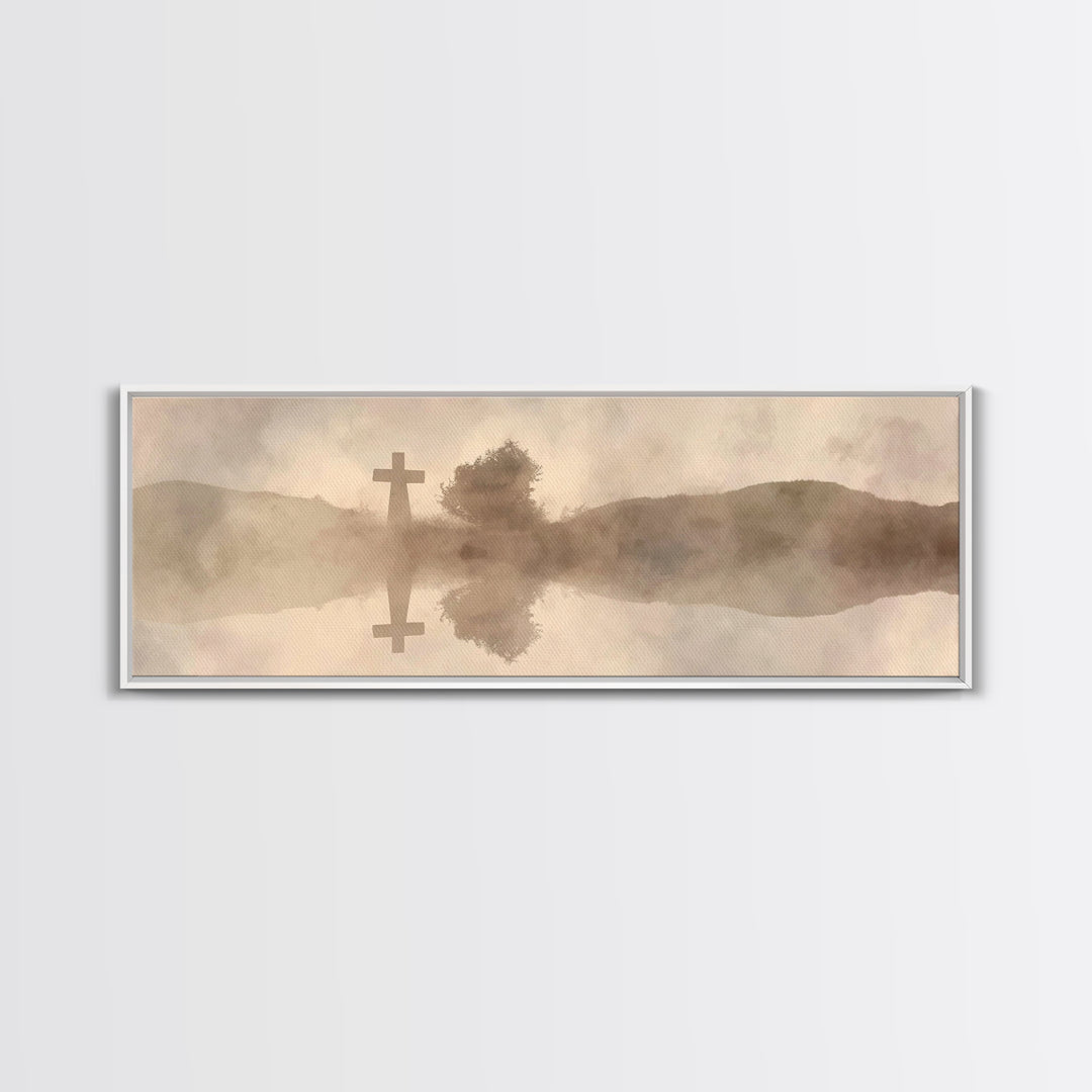 Misty Cross Reflections – Framed Canvas Print – Christian Wall Art – Panoramic Art – Christian Art Canvas – Jesus Painting – Christian Gift