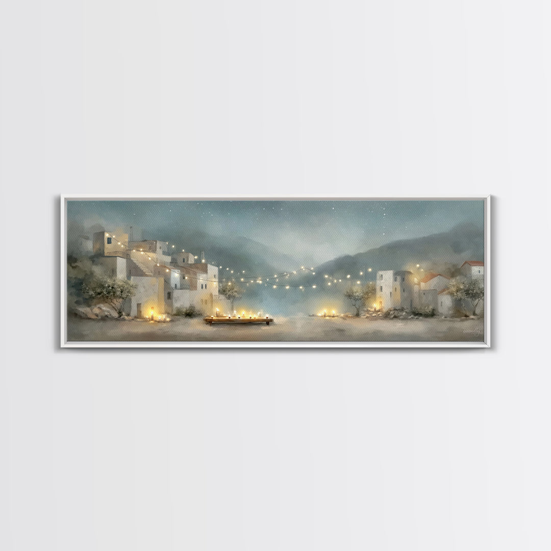 Starlit Village Peace, Framed Canvas Print, Christian Wall Art, Panoramic Art, Christian Christmas Art, Christian Art Print, Christian Deco