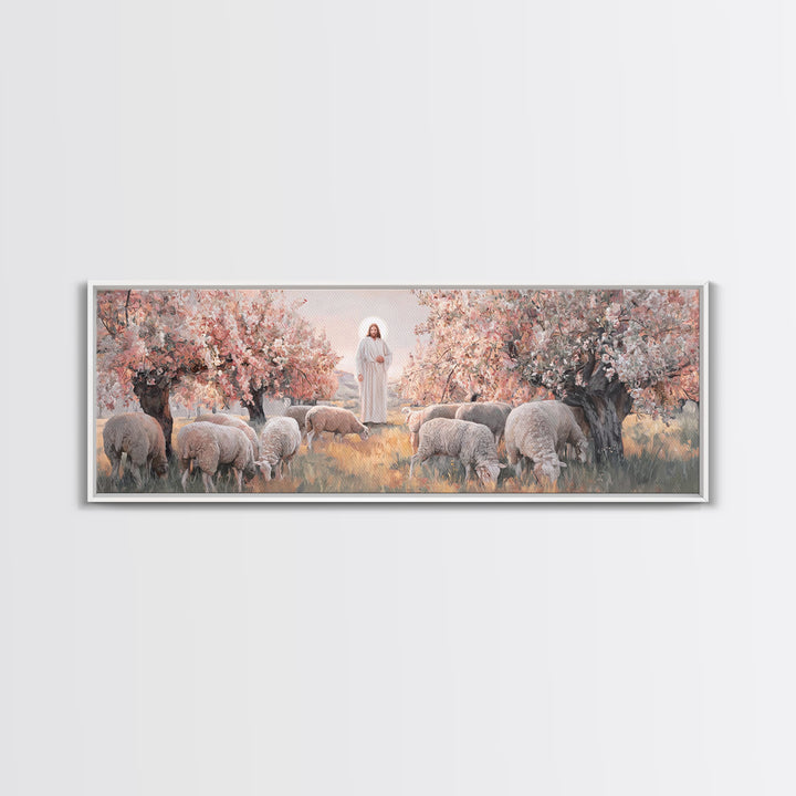 Peaceful Flock Dawn, Framed Canvas Print, Christian Art Print, Panoramic Art, Christmas Art, Christian Wall Art, Jesus Canvas Art