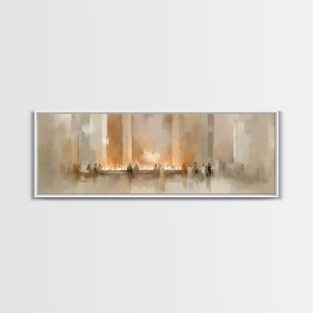 Sacred Candle Gathering | Framed Canvas Print | Christian Wall Art | Christian Christmas Art | Panoramic Wall Art | Christian Art Canvas