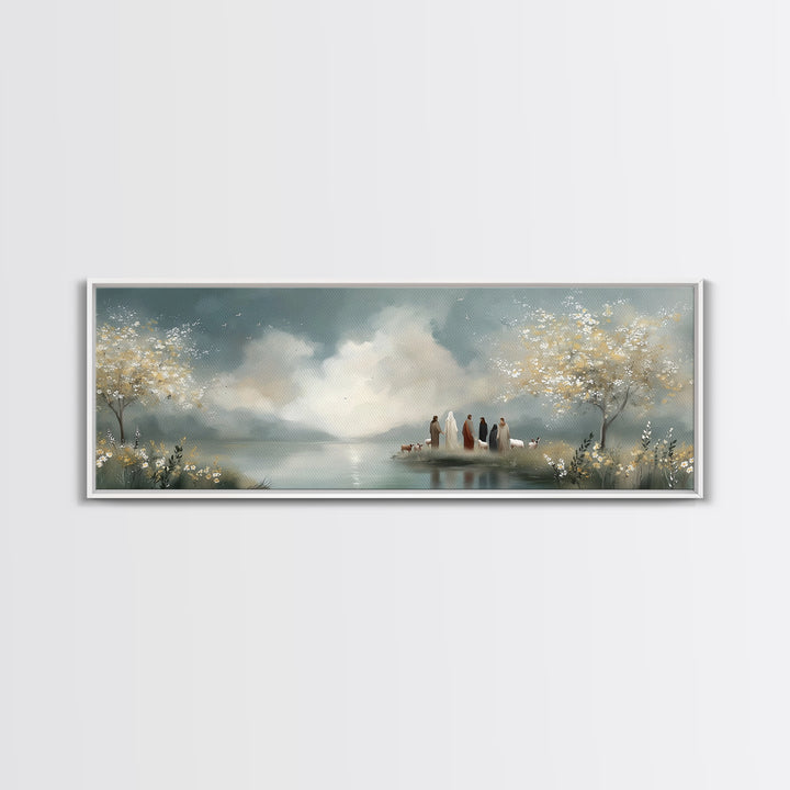 Springtime Shepherd Light – Framed Canvas Print – Christian Art Canvas – Panoramic Frame – Christian Wall Art – Jesus Painting – Christian