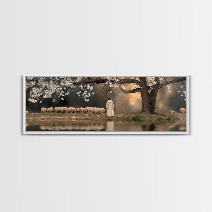 Shepherd’s Quiet Dawn, Framed Canvas Print, Christian Wall Art, Panoramic Print, Jesus Painting, Christian Art Canvas, Christian Gift Ideas