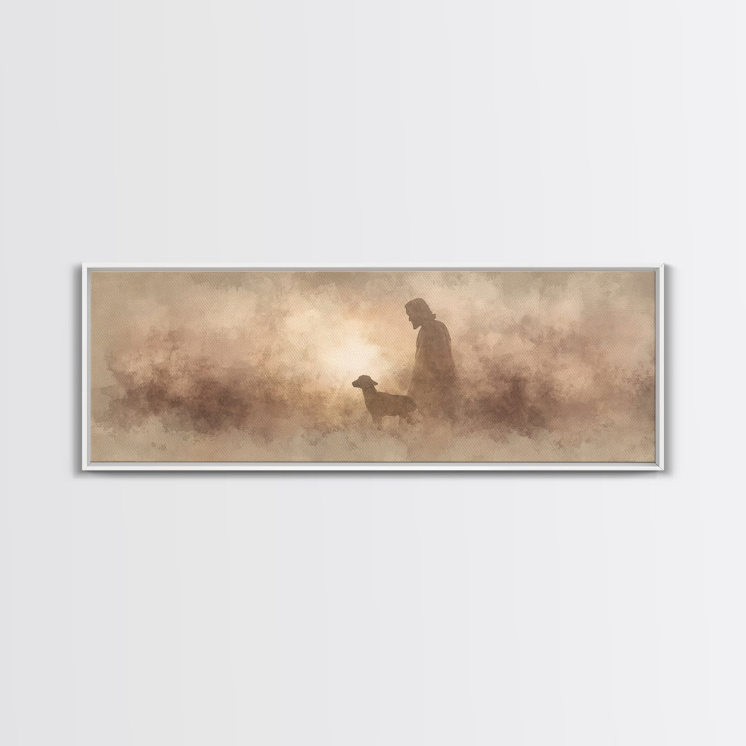 Lamb Of Morning Light, Framed Canvas Print, Christian Art Canvas, Panoramic Art, Jesus Painting, Christian Wall Art, Christian Gift