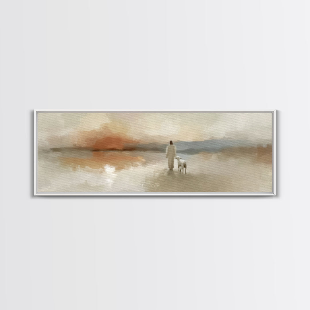 Evening Shepherd Light, Framed Canvas Print, Christian Art Canvas, Jesus Wall Art, Panoramic Painting, Christian Christmas Art, Modern Chri