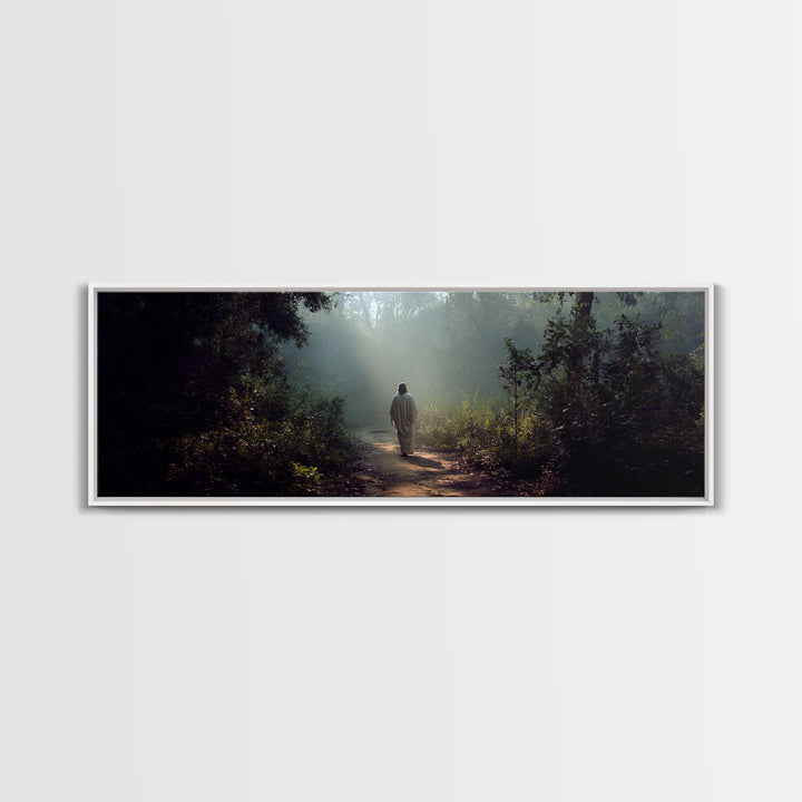 Light Through The Trees, Framed Canvas Print, Christian Wall Art, Jesus Painting, Panoramic Print, Christian Art Canvas, Large Christian Pa