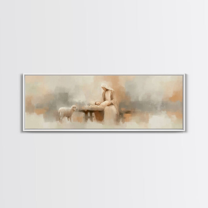 Gentle Manger Light – Framed Canvas Print – Panoramic Art – Christian Wall Art – Christian Art Canvas – Christmas Art – Christian Decor