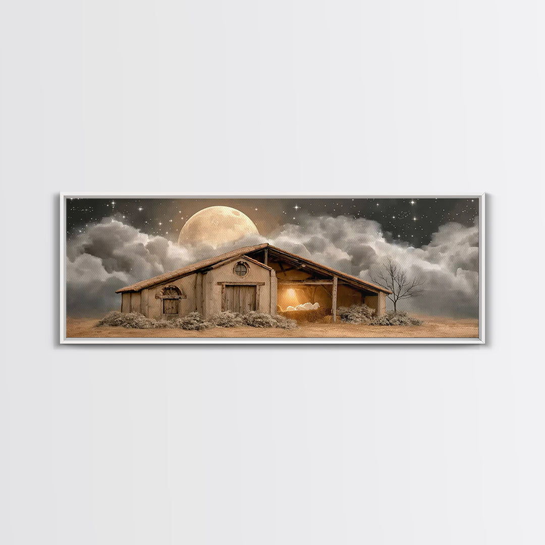 Starry Night Shelter, Framed Canvas Print, Panoramic Wall Art, Christian Christmas Art, Christmas Art Prints, Christian Wall Art, Christian
