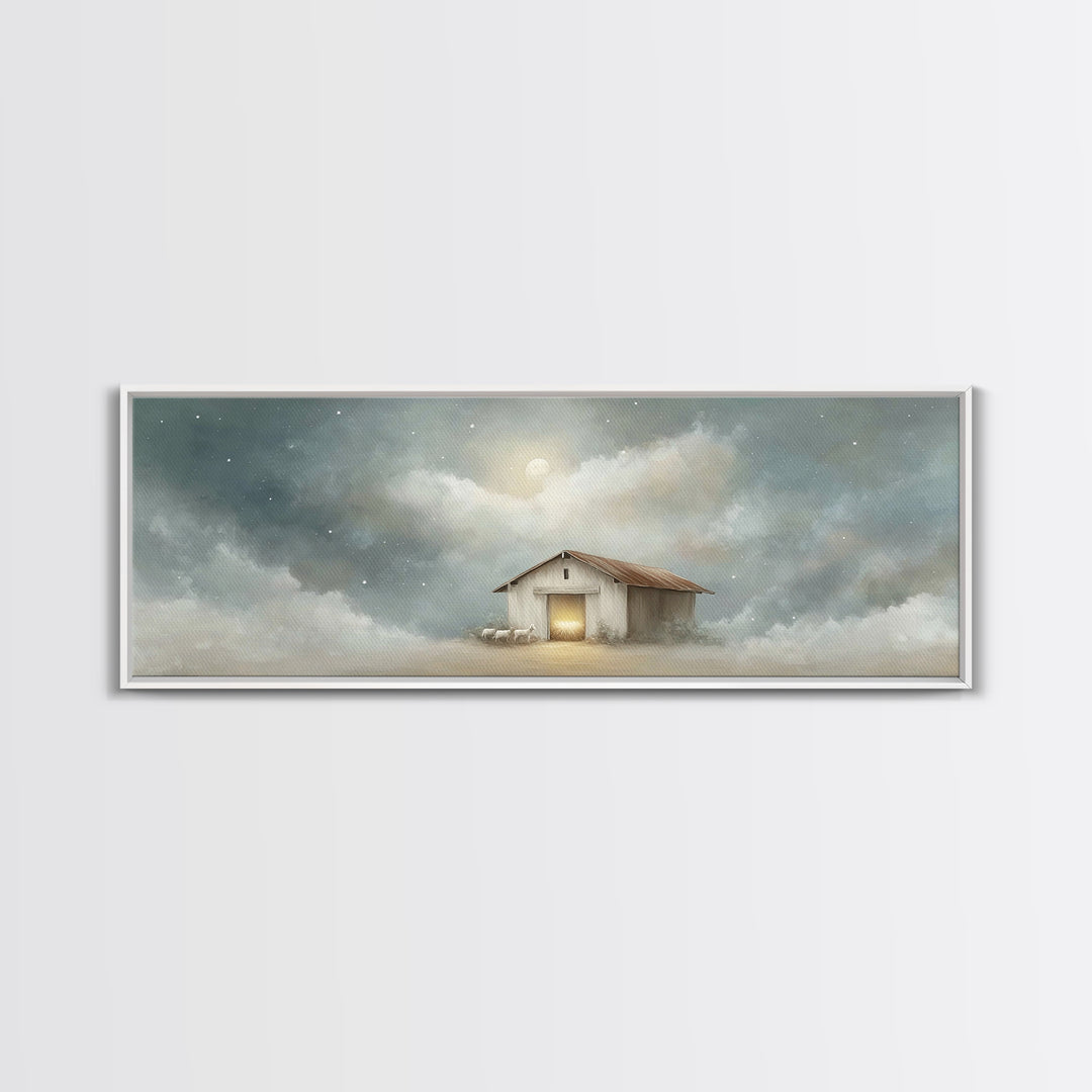 Midnight Stable Peace | Framed Canvas Print | Panoramic Painting | Christian Art Canvas | Christmas Wall Art | Christian Christmas Decor |