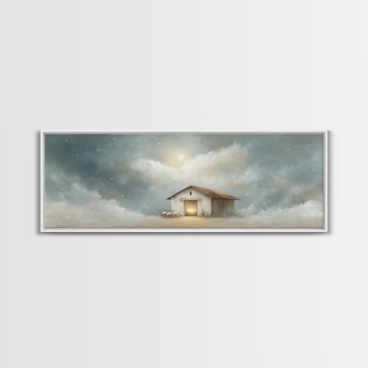 Midnight Stable Peace | Framed Canvas Print | Panoramic Painting | Christian Art Canvas | Christmas Wall Art | Christian Christmas Decor |
