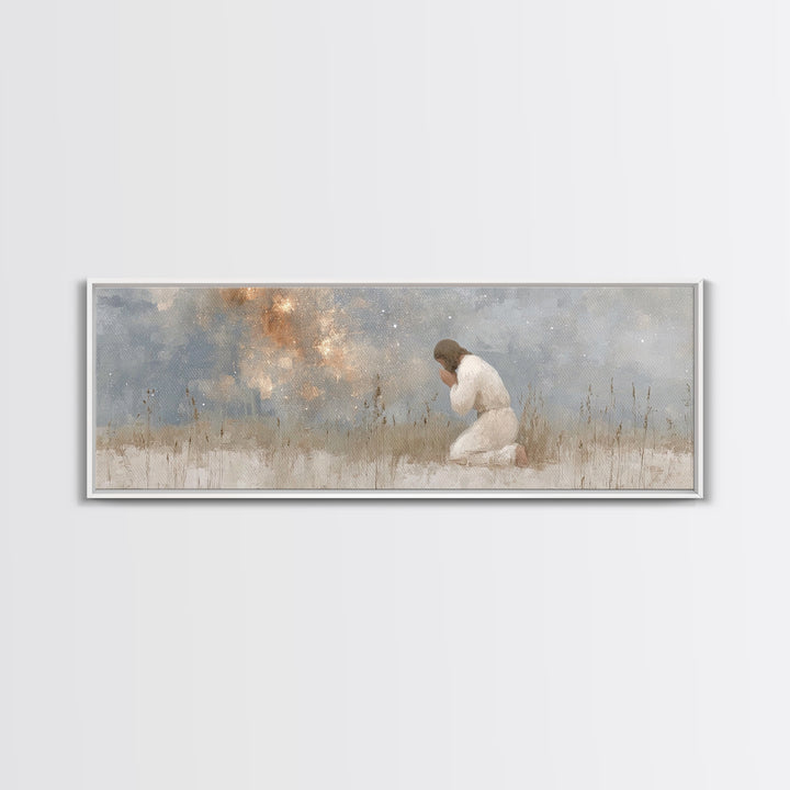 Silent Petition, Framed Canvas Print, Panoramic Wall Art, Christian Art Canvas, Jesus Painting, Christian Wall Art, Christian Christmas Art
