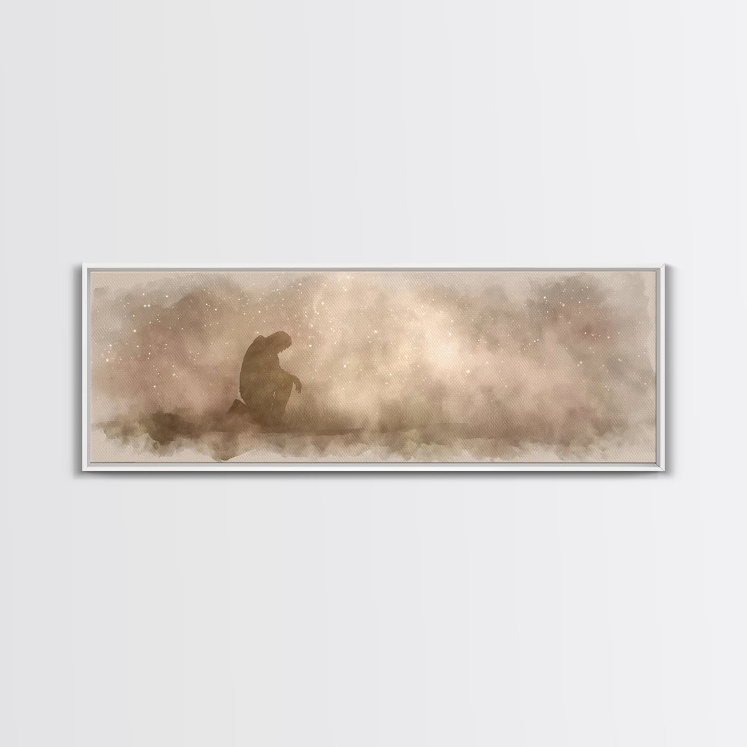 Kneeling Light | Framed Canvas Print | Panoramic Frame | Christian Art Canvas | Jesus Painting | Christian Wall Art | Christian Christmas A