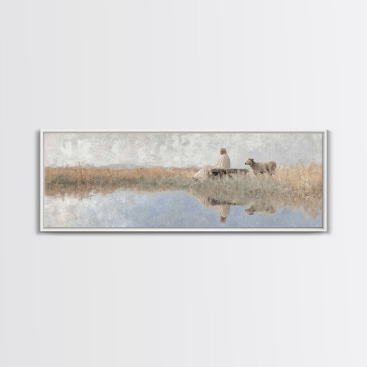 Quiet Shepherd Light - Framed Canvas Print - Panoramic Art - Christian Wall Art - Jesus Painting - Christian Art Canvas - Christmas Art