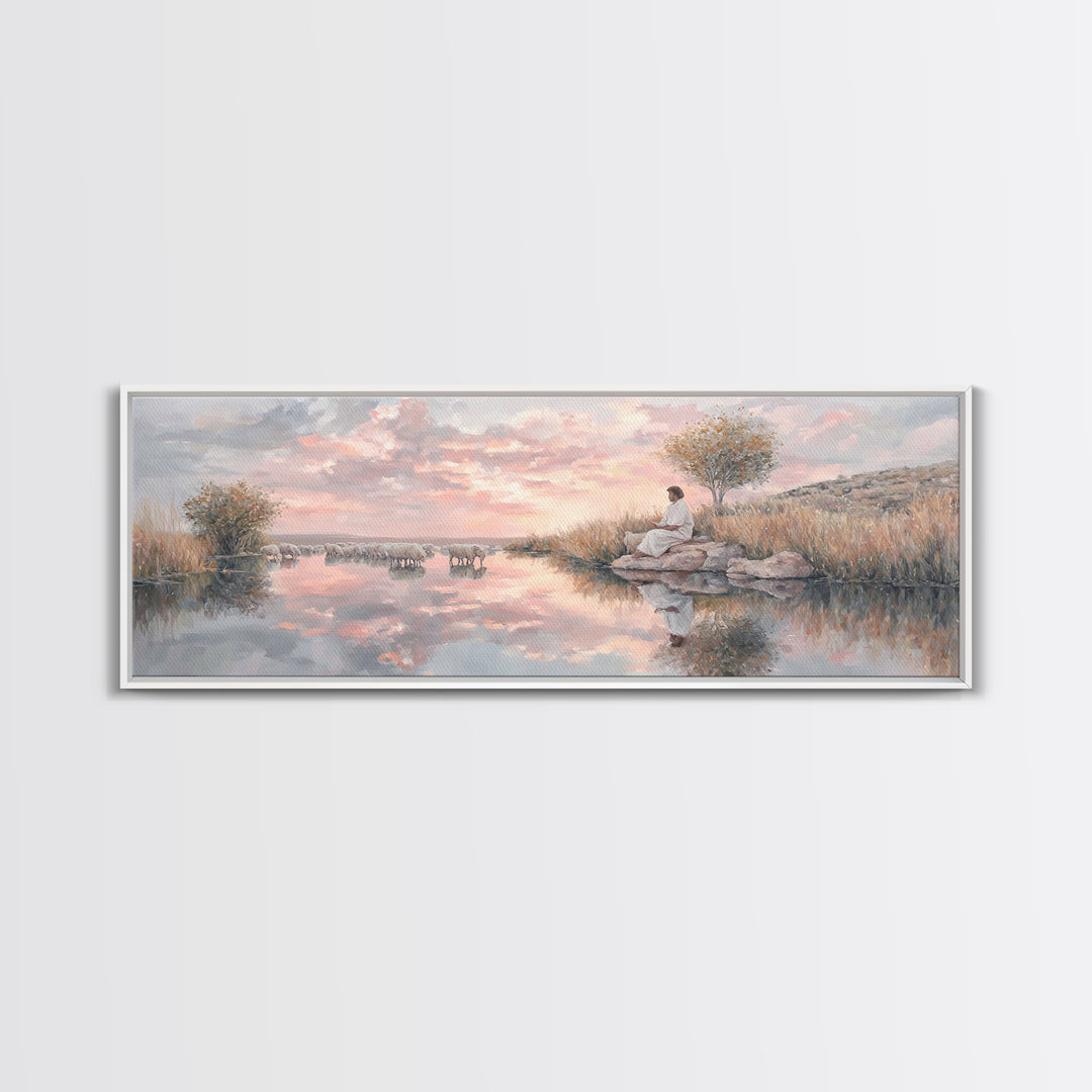 Shepherd’s Quiet Path, Framed Canvas Print, Panoramic Frame, Christian Art Canvas, Large Christian Painting, Jesus Painting, Christmas Wall