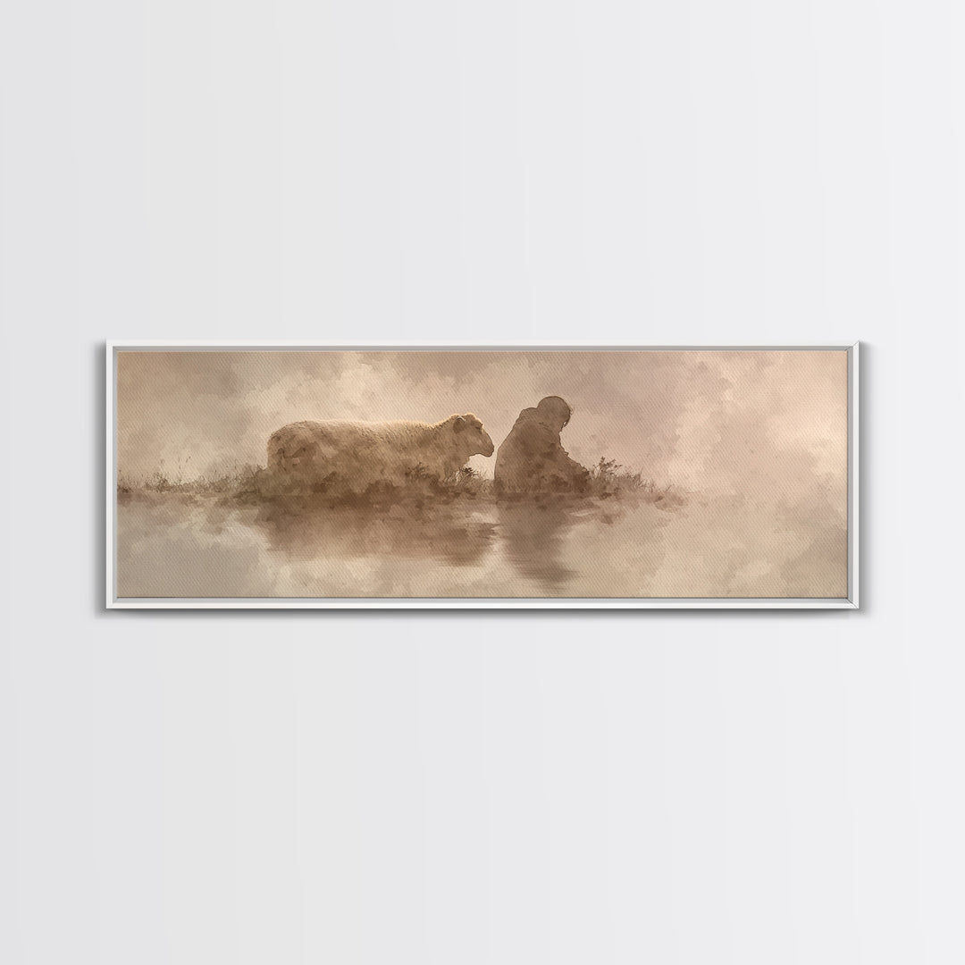 Calm Pasture Hope | Framed Canvas Print | Panoramic Art | Christian Art Work | Subtle Christian Art | Jesus Christmas Art | Christian Decor