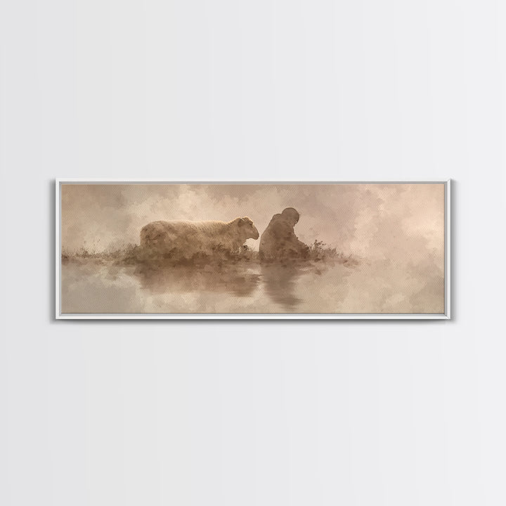 Calm Pasture Hope | Framed Canvas Print | Panoramic Art | Christian Art Work | Subtle Christian Art | Jesus Christmas Art | Christian Decor