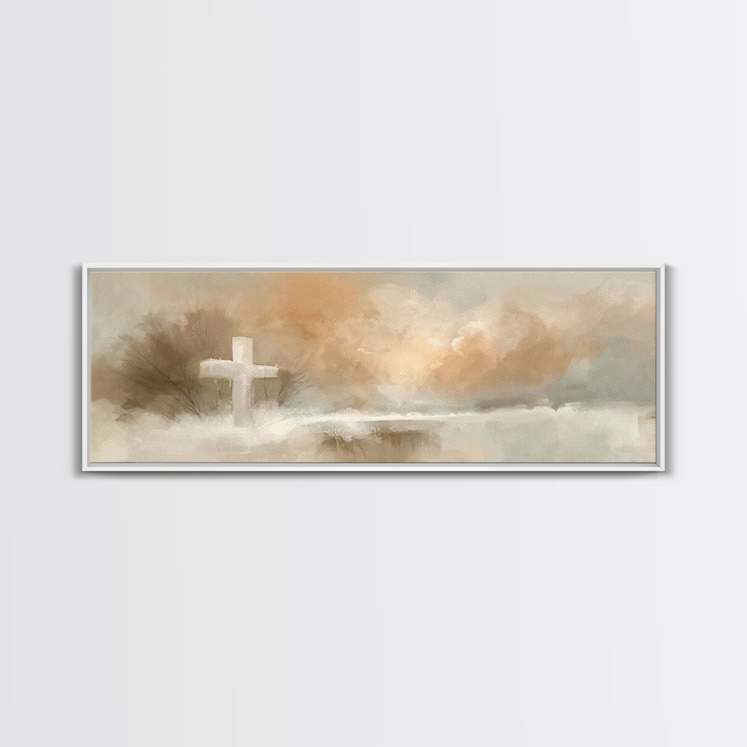 Morning Hope Cross, Framed Canvas Print, Christian Wall Art, Panoramic Print, Christian Painting, Christmas Art, Christian Art Canvas