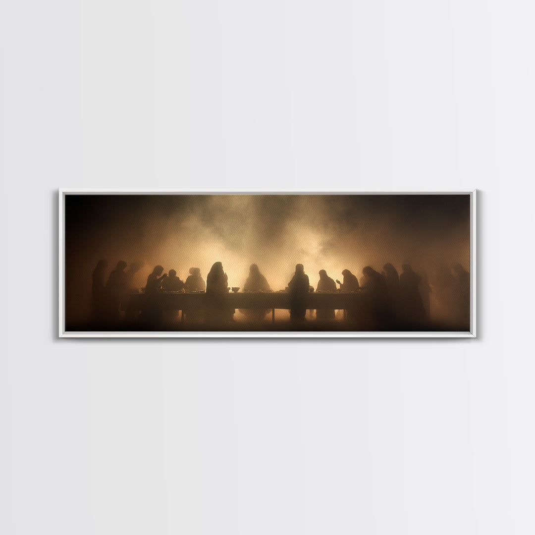 Sacred Supper Haze | Framed Canvas Print | Christian Art Canvas | Jesus Painting | Moody Christian Art | Panoramic Art | Christian Wall Art