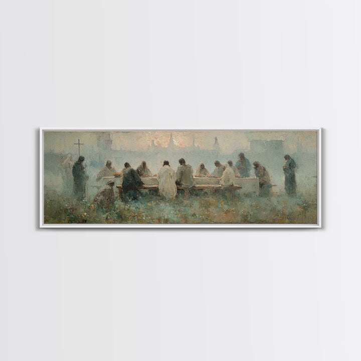 Upper Room Reverence, Framed Canvas Print, Christian Paintings, Large Christian Painting, Jesus Art Print, Panoramic Painting, Christian Ar