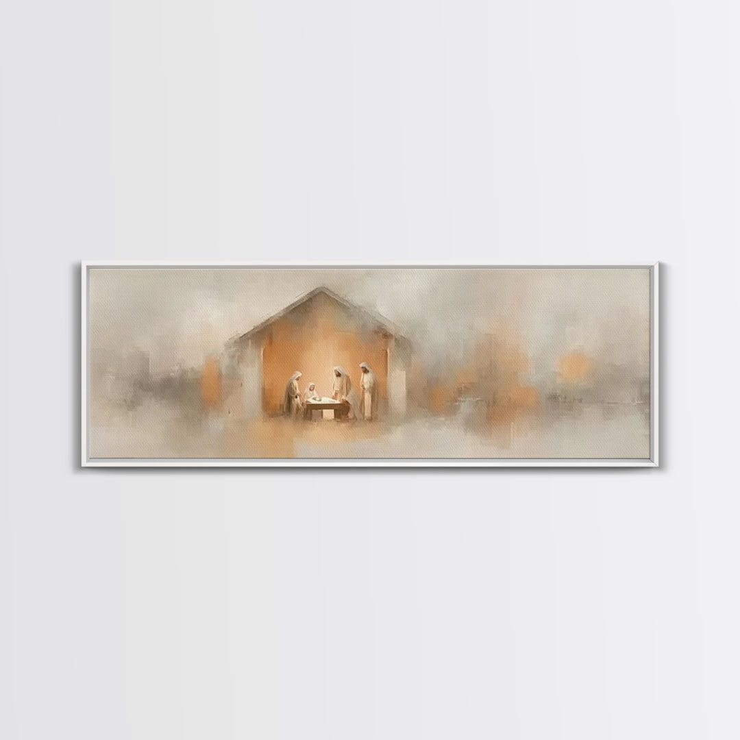 Nativity Glow, Framed Canvas Print, Panoramic Art, Christian Wall Art, Christian Art Canvas, Jesus Painting, Christmas Art