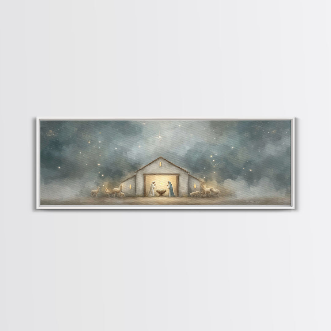 Starry Night Manger - Framed Canvas Print - Panoramic Print - Christian Christmas Art - Christian Art Canvas - Jesus Painting