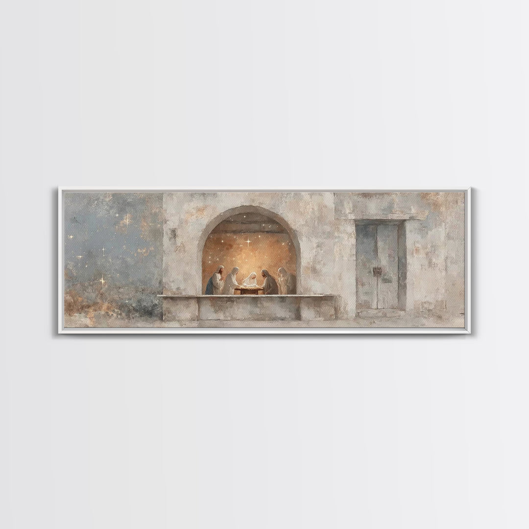 Sacred Arch Gathering, Framed Canvas Print, Panoramic Painting, Christian Art Canvas, Christian Wall Art, Christmas Art, Jesus Painting