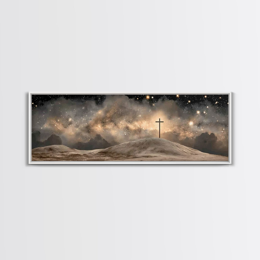 Cross On The Hill, Framed Canvas Print, Panoramic Art, Christian Wall Art, Christian Art Canvas, Jesus Painting, Christmas Art