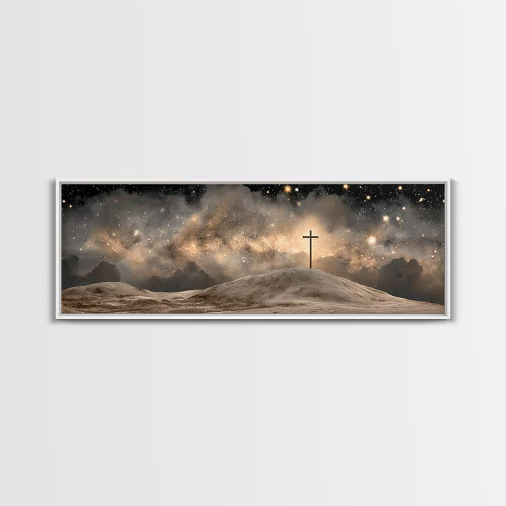 Cross On The Hill, Framed Canvas Print, Panoramic Art, Christian Wall Art, Christian Art Canvas, Jesus Painting, Christmas Art