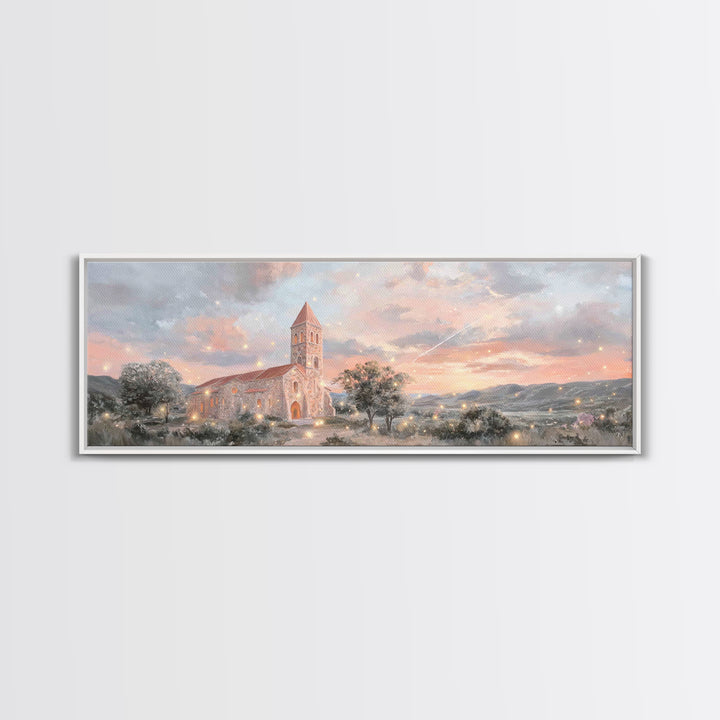 Evening Parish Glow | Framed Canvas Print | Panoramic Wall Art | Christian Art Canvas | Christian Christmas Art | Christian Wall Art | Chri