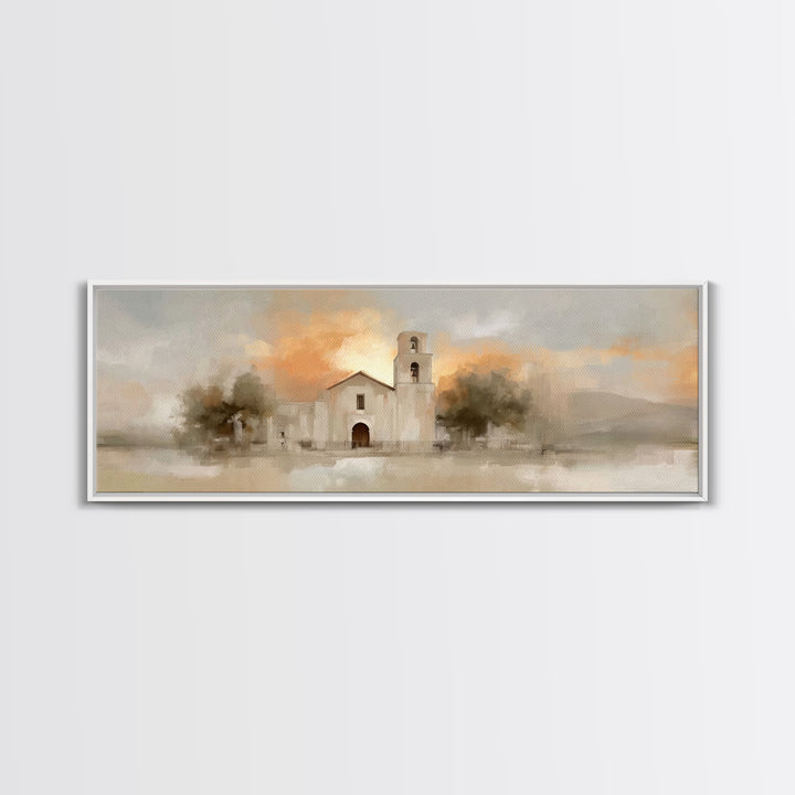 Mission At Sunset – Framed Canvas Print – Christian Art Canvas – Panoramic Painting – Christian Wall Art – Christmas Art – Jesus Painting