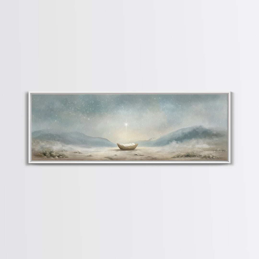 Heaven’s Soft Arrival, Framed Canvas Print, Panoramic Wall Art, Christian Art Canvas, Christmas Art, Christian Christmas Art, Jesus Paintin