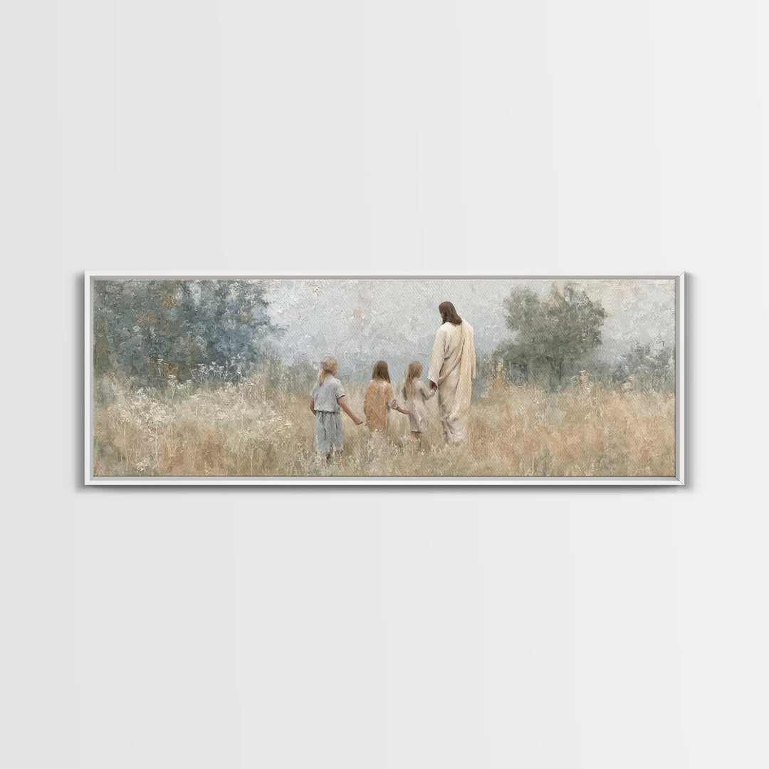 Gentle Meadow Walk – Framed Canvas Print – Christian Wall Art – Jesus Painting – Christian Art Canvas – Panoramic Art – Christian Christmas