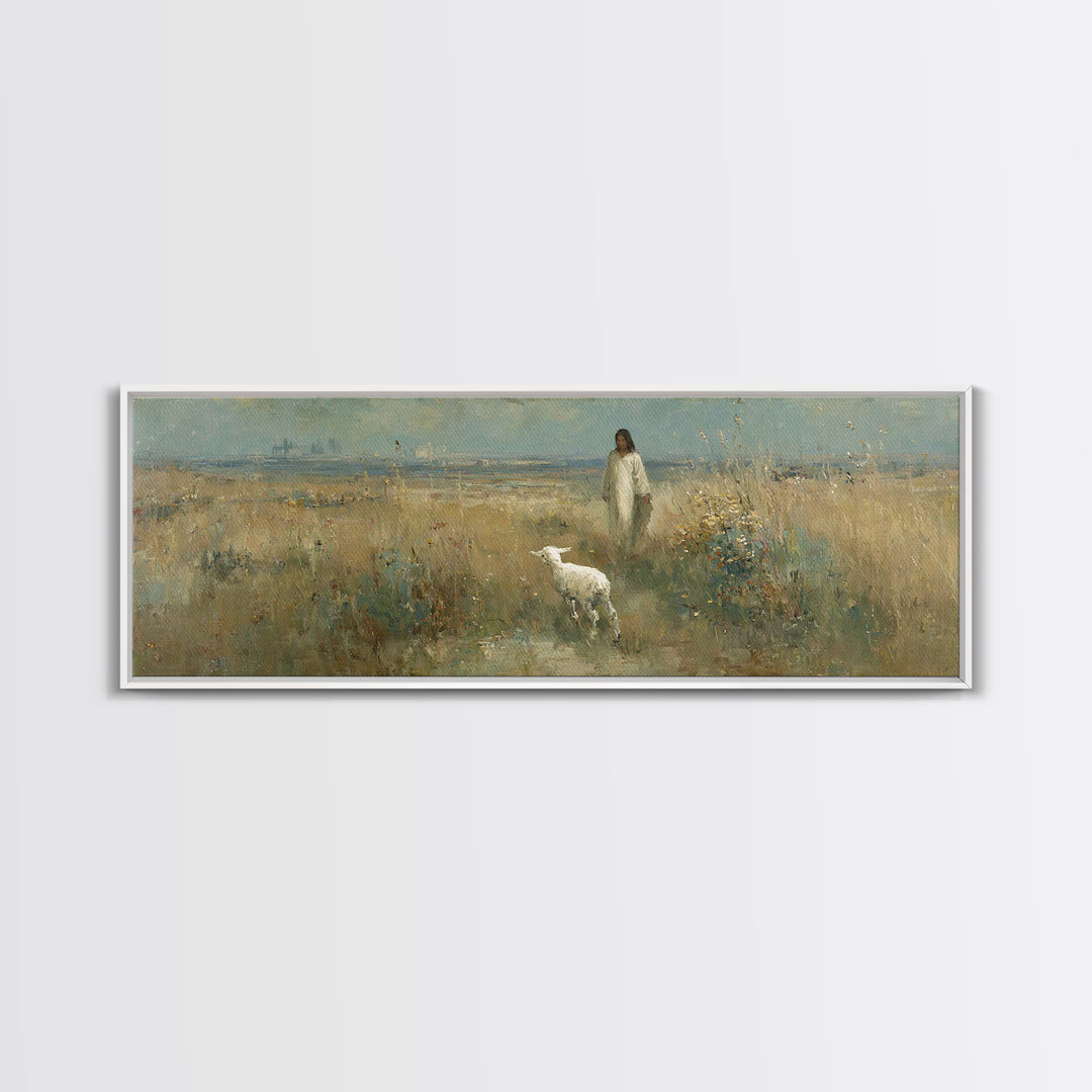 Quiet Meadow Grace, Framed Canvas Print, Christian Wall Art, Panoramic Print, Jesus Painting, Christian Christmas Art, Christian Art Canvas
