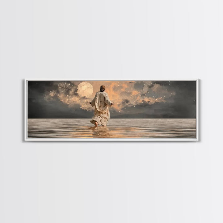 Moonlit Savior Calm – Framed Canvas Print – Panoramic Art – Christian Wall Art – Jesus Painting – Christian Art Canvas – Christmas Art