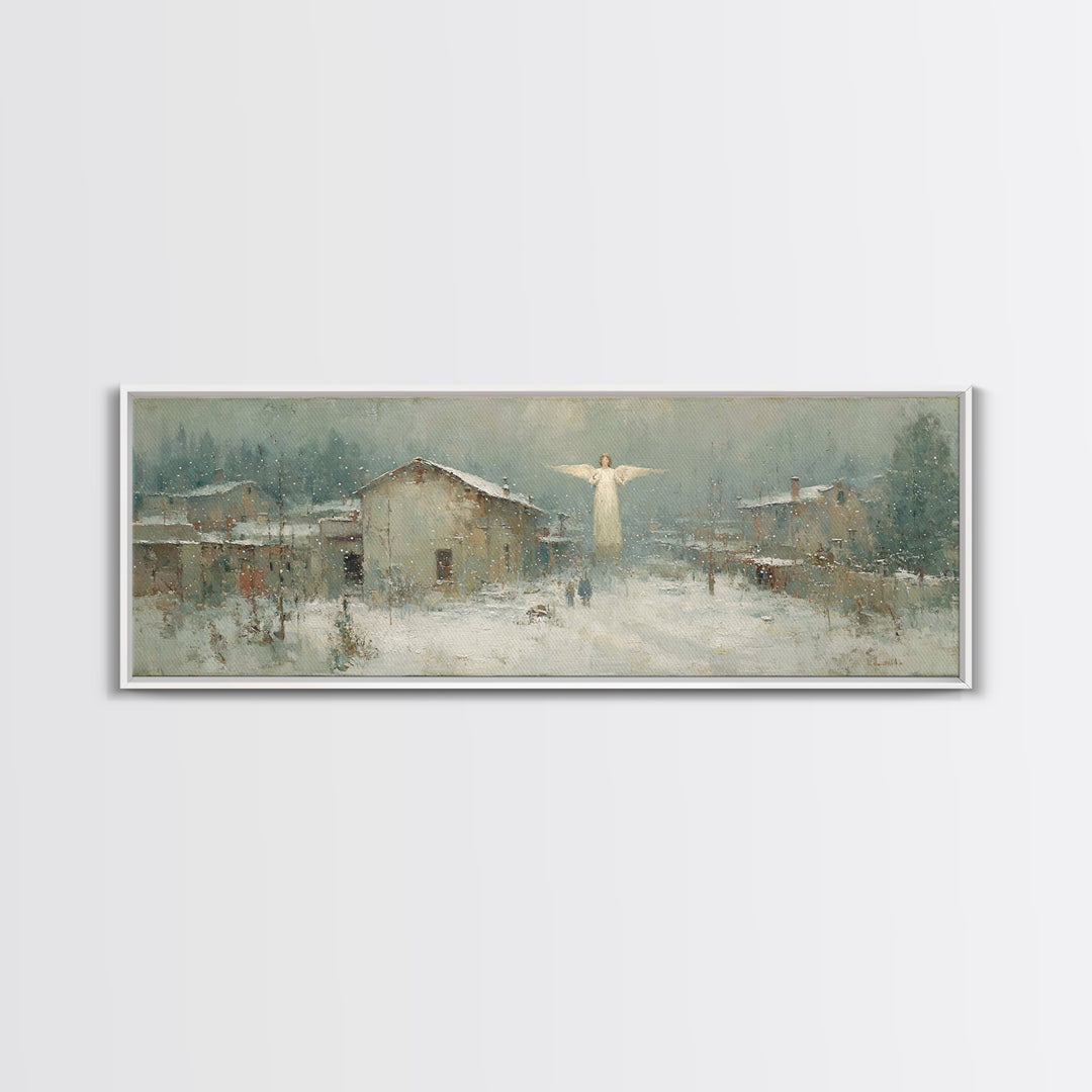 Winter Angel Blessing – Framed Canvas Print – Christian Wall Art – Panoramic Art – Christian Art Canvas – Christmas Art – Holiday Art