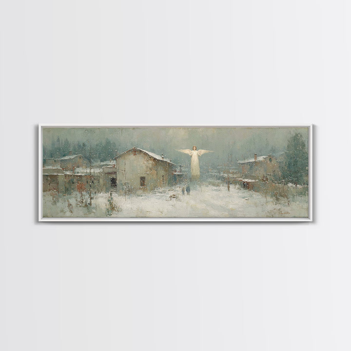 Winter Angel Blessing – Framed Canvas Print – Christian Wall Art – Panoramic Art – Christian Art Canvas – Christmas Art – Holiday Art