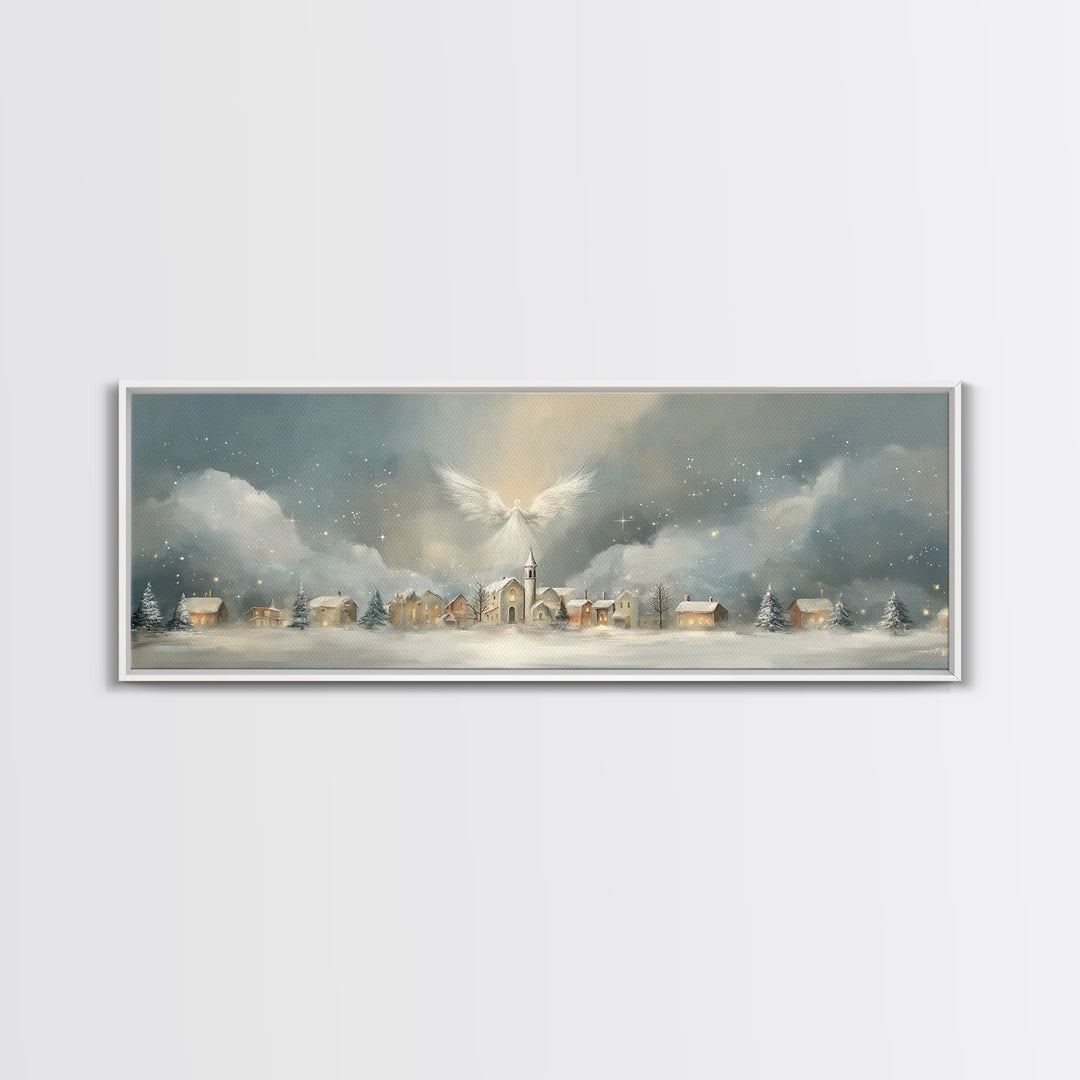 Heavenly Village Light, Framed Canvas Print, Christian Wall Art, Panoramic Painting, Christian Christmas Art, Christian Art Canvas, Holiday