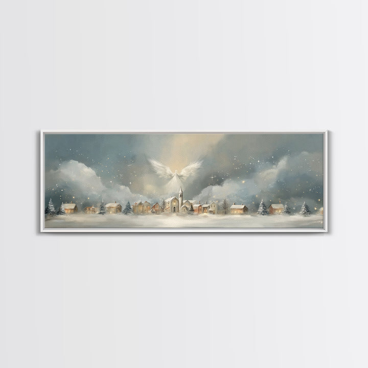 Heavenly Village Light, Framed Canvas Print, Christian Wall Art, Panoramic Painting, Christian Christmas Art, Christian Art Canvas, Holiday