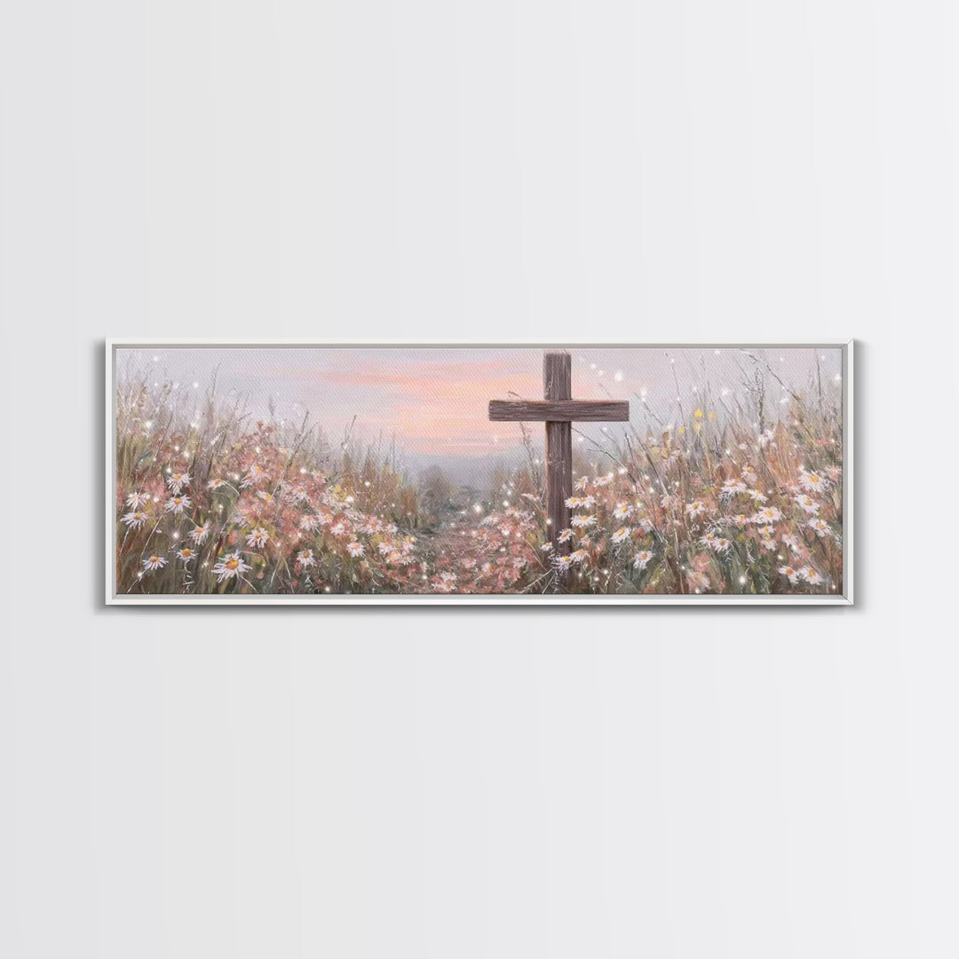 Silent Cross Meadow | Framed Canvas Print | Panoramic Wall Art | Christian Art Canvas | Subtle Christian Art | Christian Decor | Christmas
