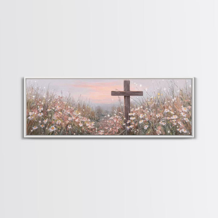 Silent Cross Meadow | Framed Canvas Print | Panoramic Wall Art | Christian Art Canvas | Subtle Christian Art | Christian Decor | Christmas