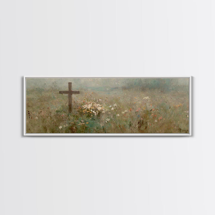 Quiet Garden Cross | Framed Canvas Print | Extra Wide Art | Christian Wall Art | Christian Art Print | Christian Christmas Decor | Modern C