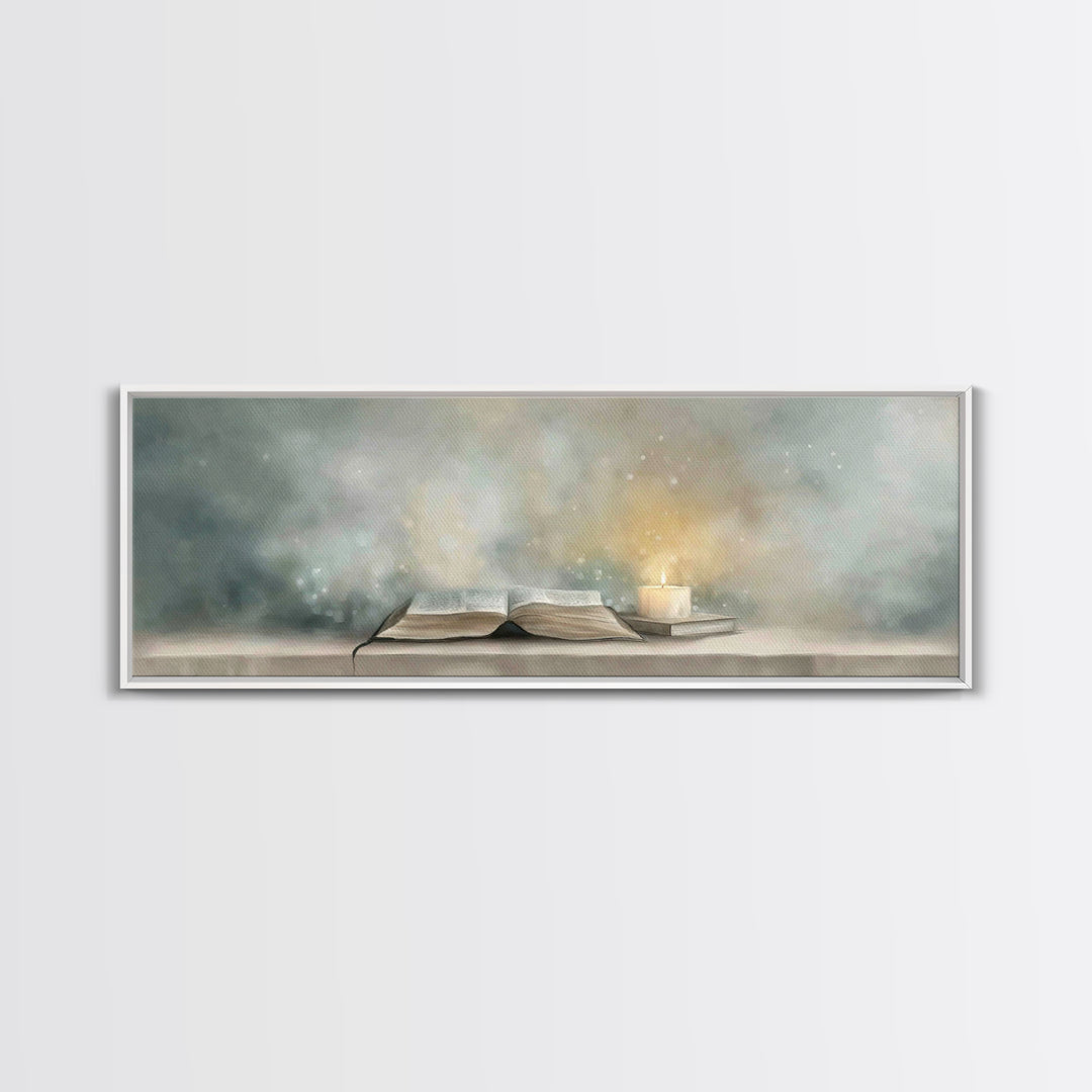 Candlelit Scripture | Framed Canvas Print | Christian Christmas Art | Panoramic Wall Art | Christian Art Canvas | Christian Painting | Chri