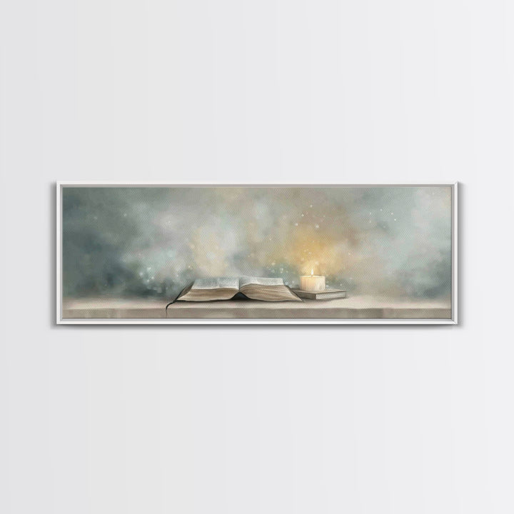 Candlelit Scripture | Framed Canvas Print | Christian Christmas Art | Panoramic Wall Art | Christian Art Canvas | Christian Painting | Chri