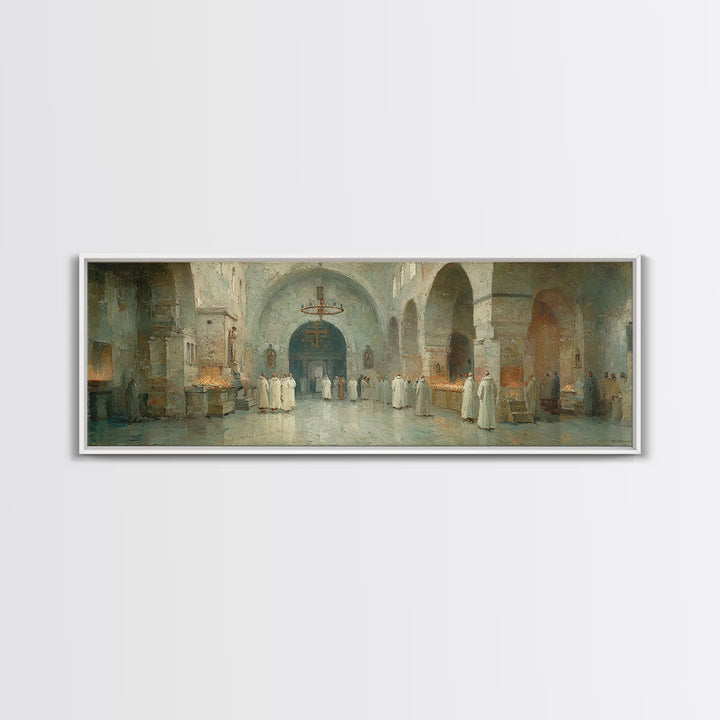 Monastic Gathering – Framed Canvas Print – Christian Art Canvas – Panoramic Frame – Christmas Art – Christian Decorations – Christian Paint