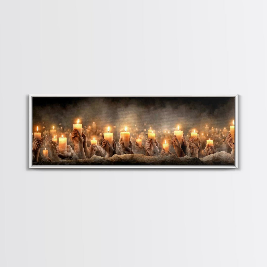 Uplifted Flame Tribute, Framed Canvas Print, Christian Wall Art, Panoramic Art, Christian Christmas Art, Christian Art Canvas, Prayer Art