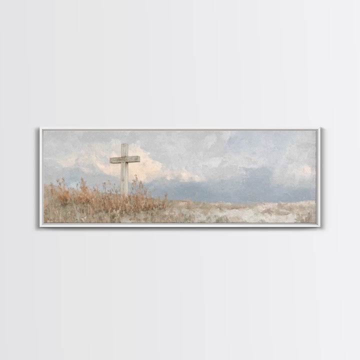 Cross On The Hill – Framed Canvas Print – Christian Art Canvas – Panoramic Painting – Christian Wall Art – Christian Gift – Christian Art