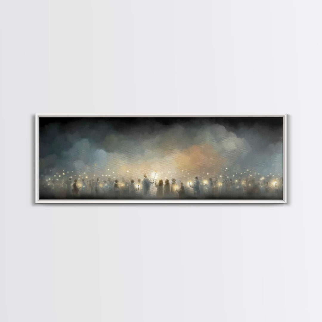 Twilight Candle Crowd | Framed Canvas Print | Christian Wall Art | Panoramic Frame | Christian Art Canvas | Christmas Art | Devotional Art