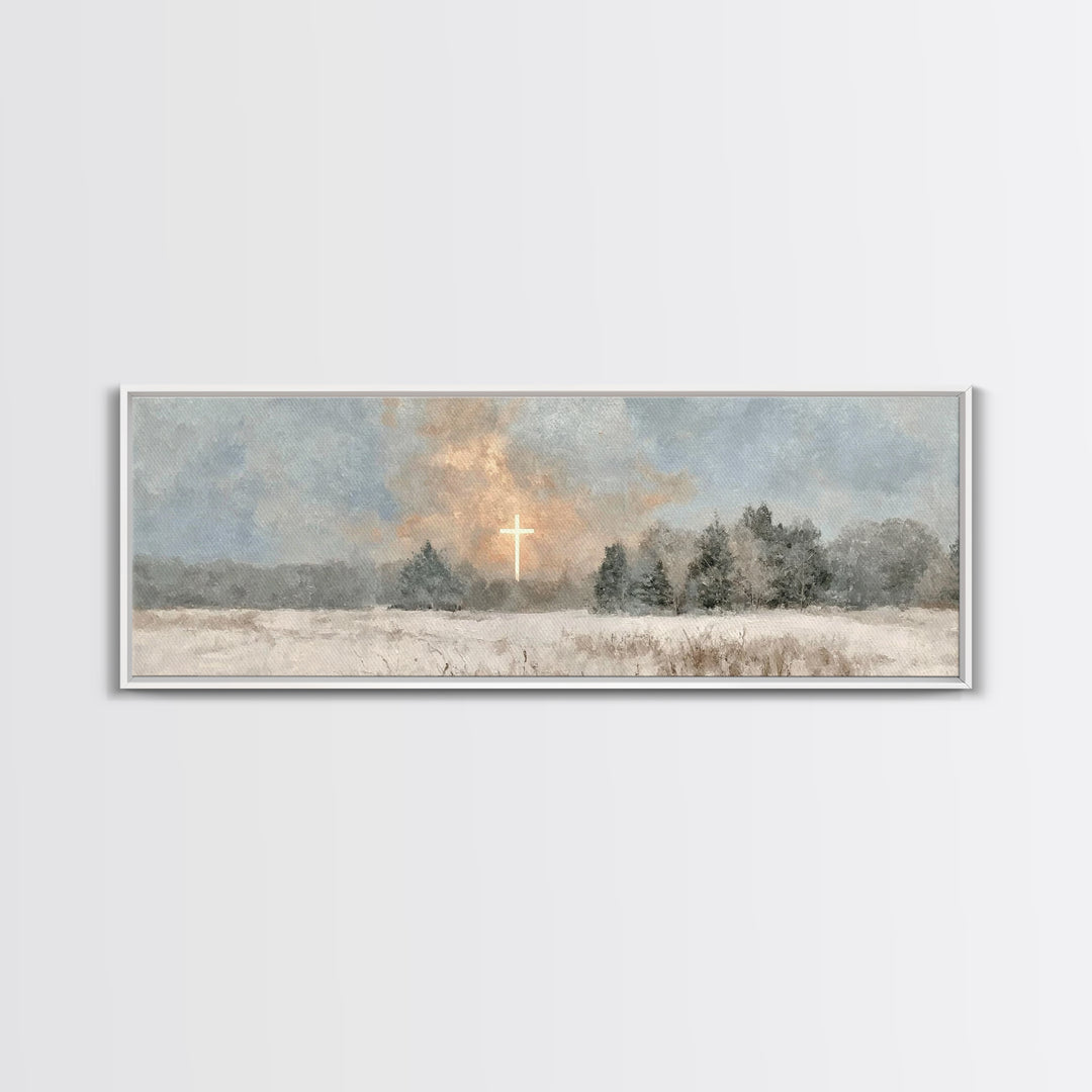 Winter Cross Light, Framed Canvas Print, Panoramic Art, Christian Art Canvas, Christian Wall Art, Christian Painting, Christmas Art