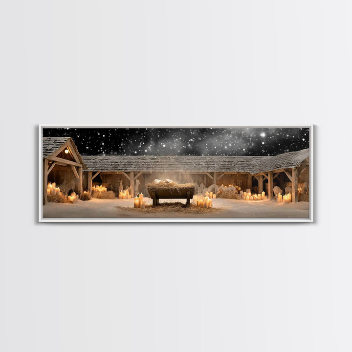 Holy Night Cradle, Framed Canvas Print, Panoramic Painting, Christian Wall Art, Jesus Christmas Art, Christian Art Canvas, Christmas Art