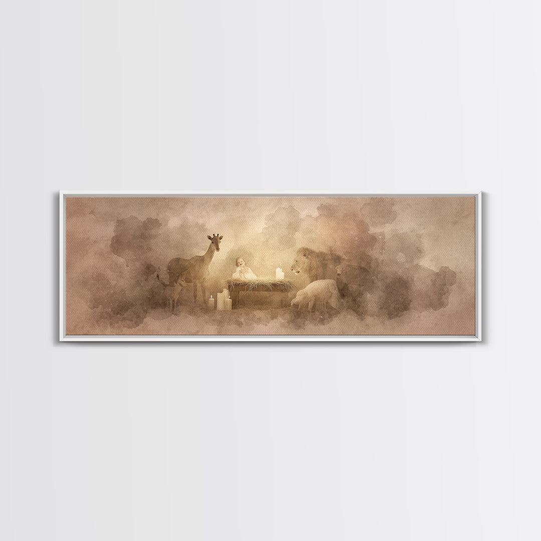 Gentle Manger Peace, Framed Canvas Print, Christian Wall Art, Panoramic Art, Christian Art Canvas, Christmas Art, Christian Christmas Decor