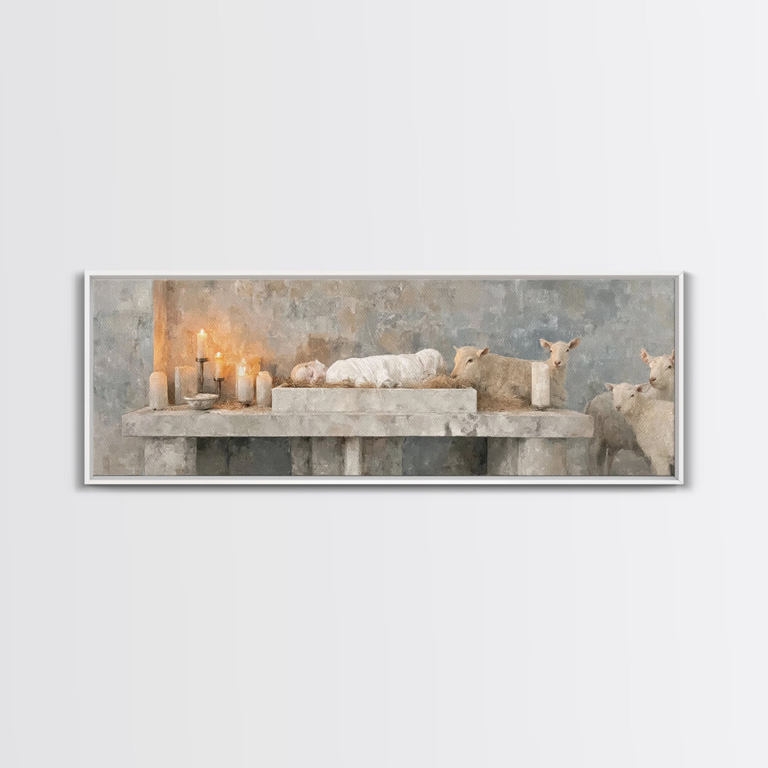 Manger Candle Hope, Framed Canvas Print, Panoramic Wall Art, Christmas Art, Christian Wall Art, Christian Art Canvas, Christian Gift